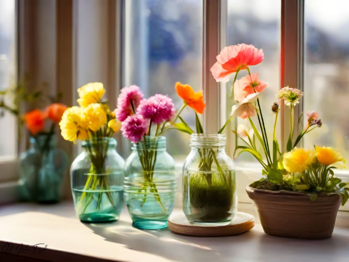 Blumen im Fenster Stelle kleine Vasen mit Frühlingsblumen auf das Fensterbank. Das einfallende Licht betont die Blüten und schafft eine natürliche, erfrischende Atmosphäre.