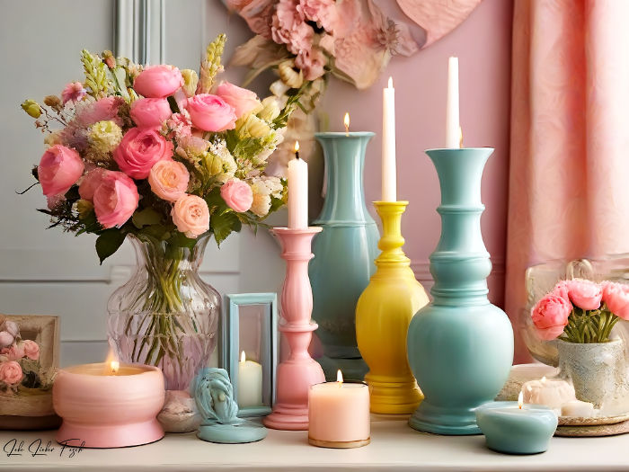 Pastellfarbene Accessoires Integriere pastellfarbene Accessoires wie Kerzenständer, Bilderrahmen oder Vasen in deine Dekoration. Sie setzen subtile, aber wirkungsvolle Akzente.