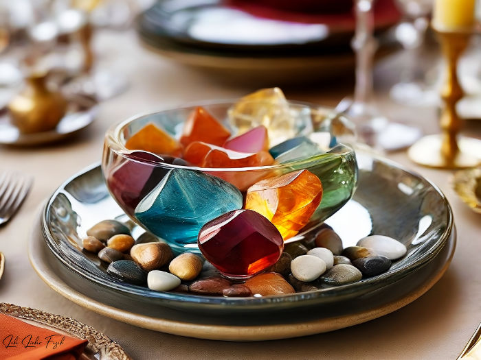 Steine als Akzente Polierte Steine in verschiedenen Formen und Farben können als originelle Akzente dienen. Platziere sie in einer Glasschale oder verwende sie als Platzkartenhalter für ein natürliches Tischarrangement mit Tischgesteck.