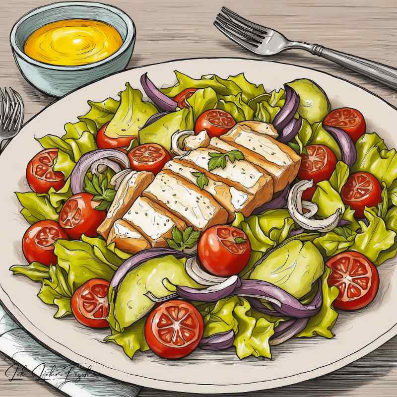 Griechischer Salat mit gegrilltem Hähnchen Leichte und gesunde Mahlzeiten zum Genießen für den Frühling