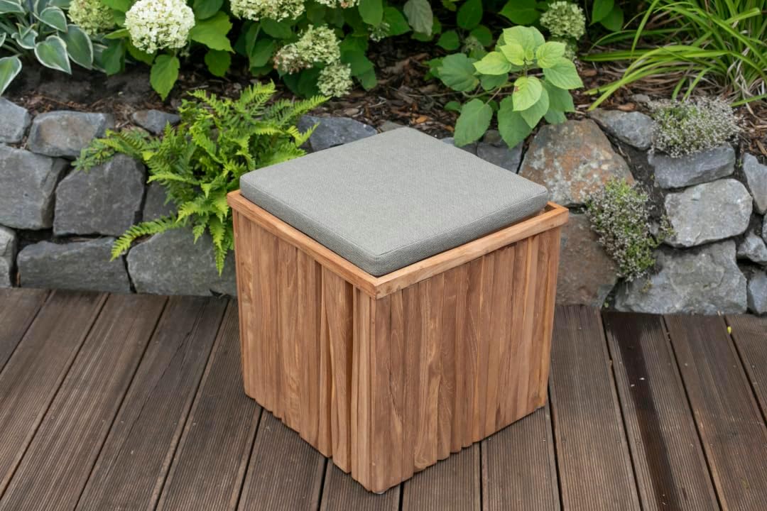 Teakbox Hocker mit Sitzpolster Sitzhocker aus Teakholz für Balkon OUtdoor